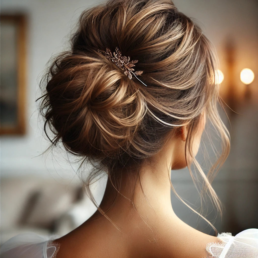 Chignon coiffé-décoiffé avec postiche Frossia, style volumineux et naturel avec des épingles décoratives, idéal pour un look chic et décontracté