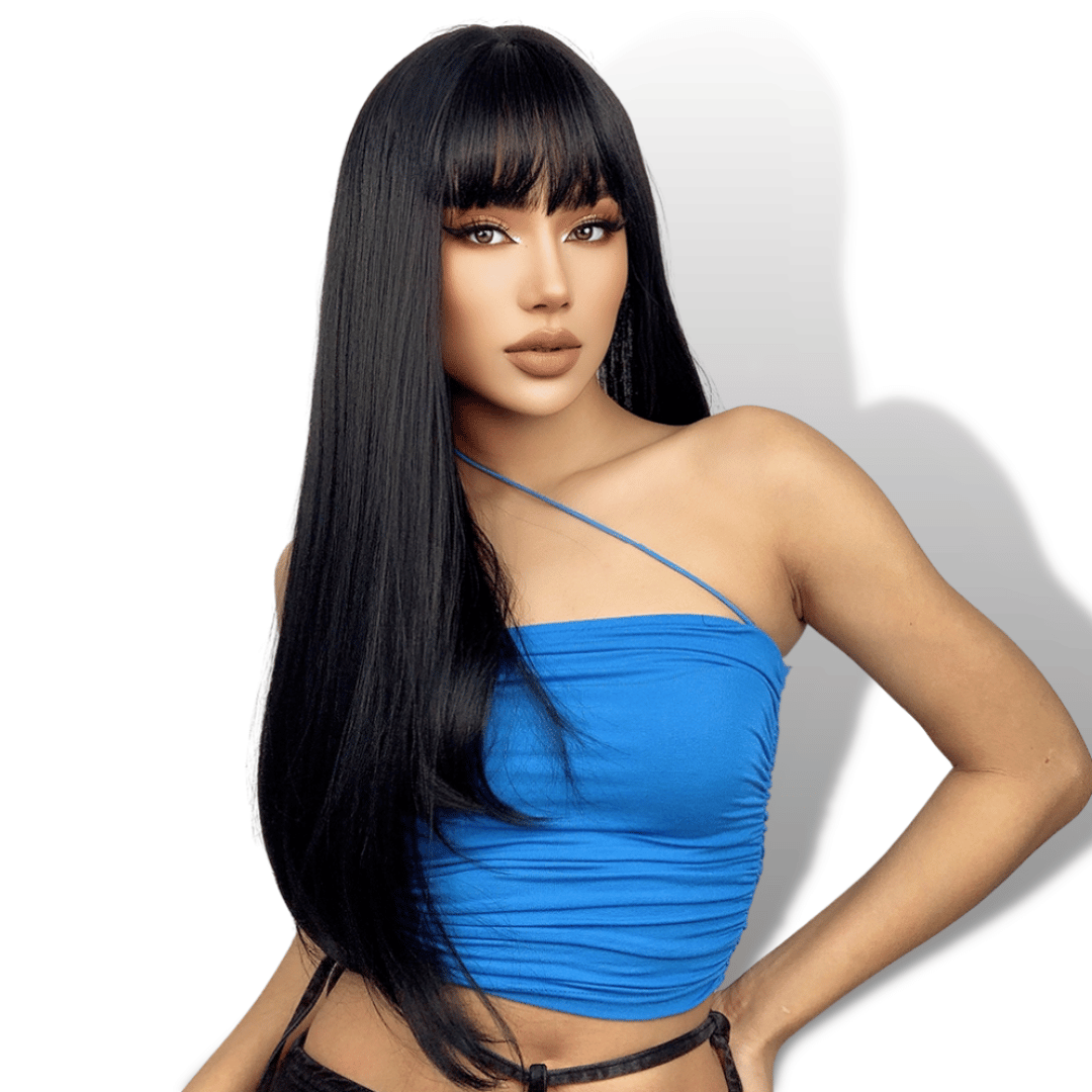 Perruque Noire Longue avec Frange | Frossia