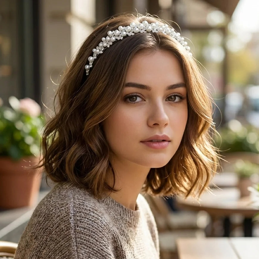 Serre-tête fin avec perles et strass élégant pour femme