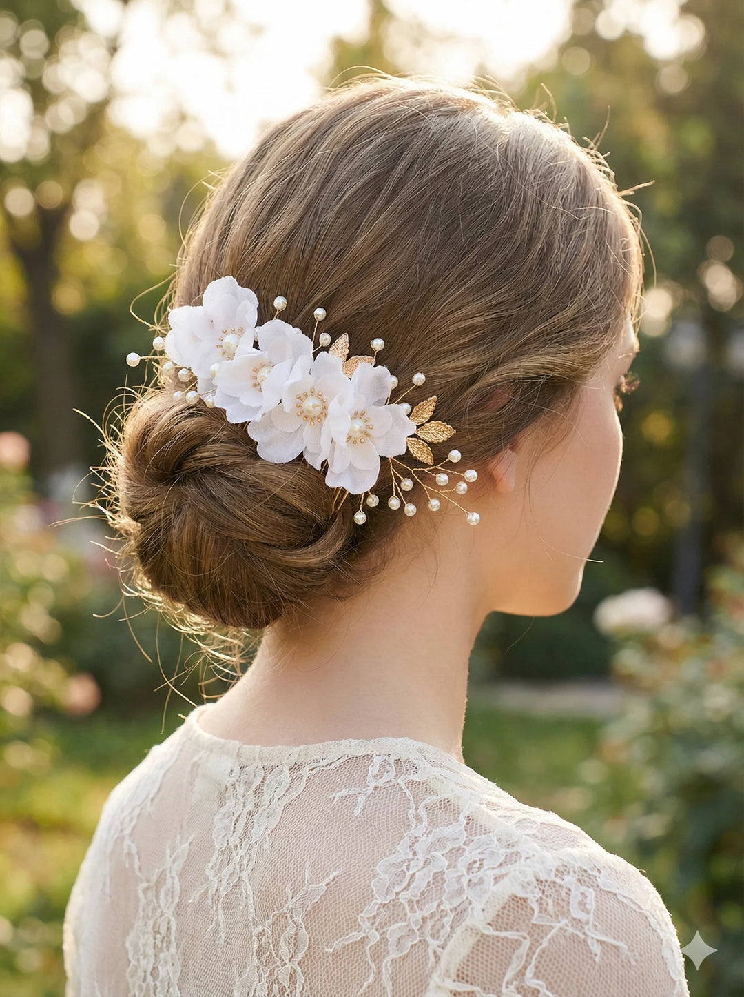 Peigne à Cheveux Doré à Fleurs Blanches