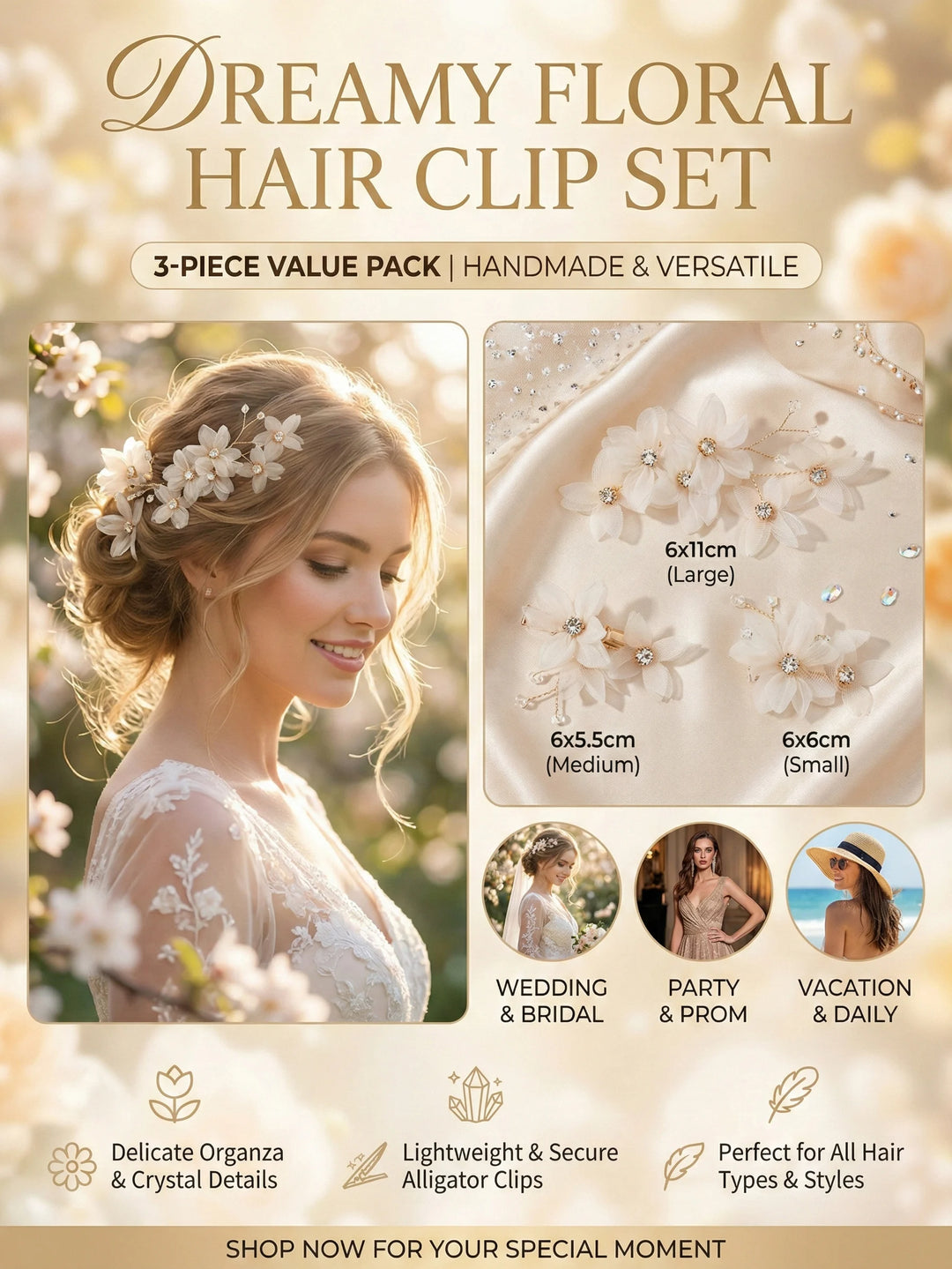 Épingle à cheveux de mariée à fleurs délicates en tulle - Lot de 3