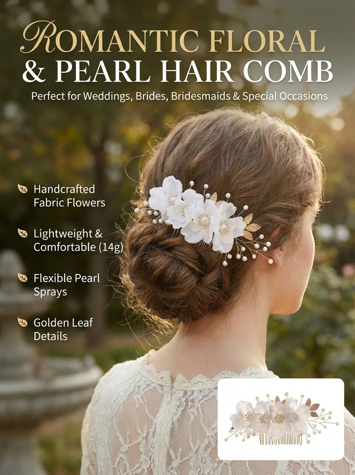 Peigne à Cheveux Doré à Fleurs Blanches