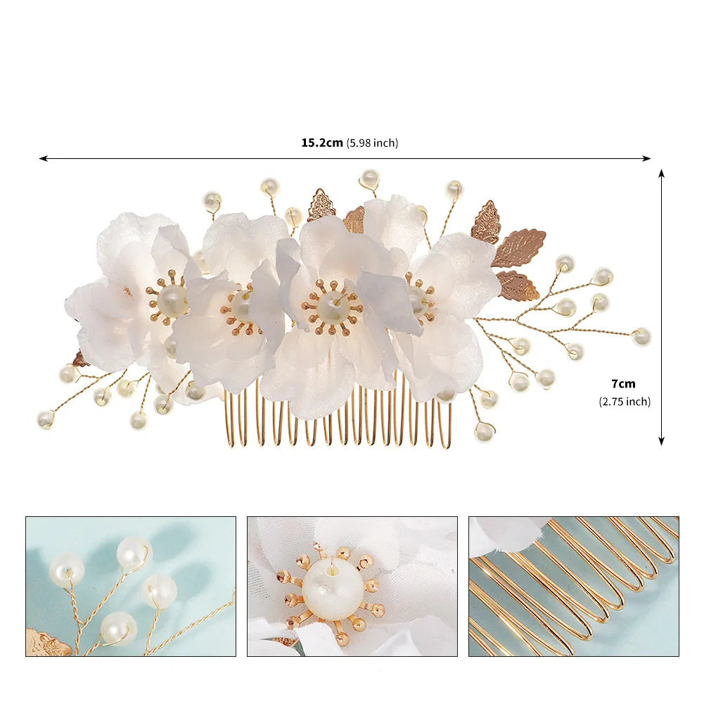 Peigne à Cheveux Doré à Fleurs Blanches