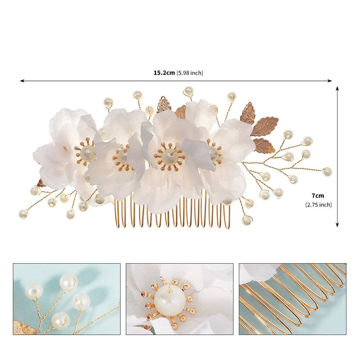 Peigne à Cheveux Doré à Fleurs Blanches