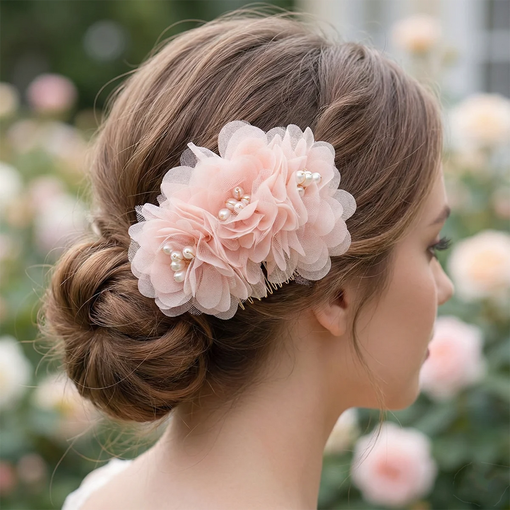Peigne à Cheveux Fleurs en Tulle, Rose