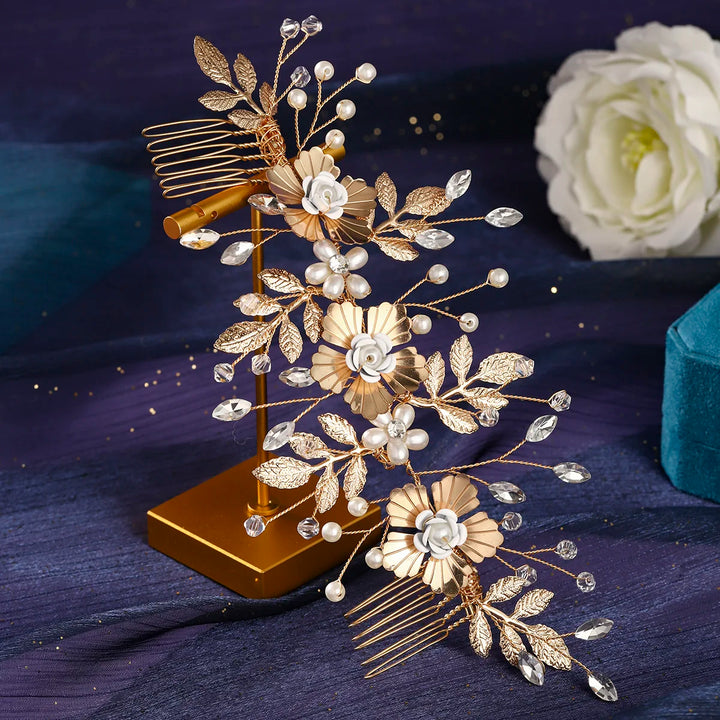 Peigne à cheveux de mariage à fleurs dorées