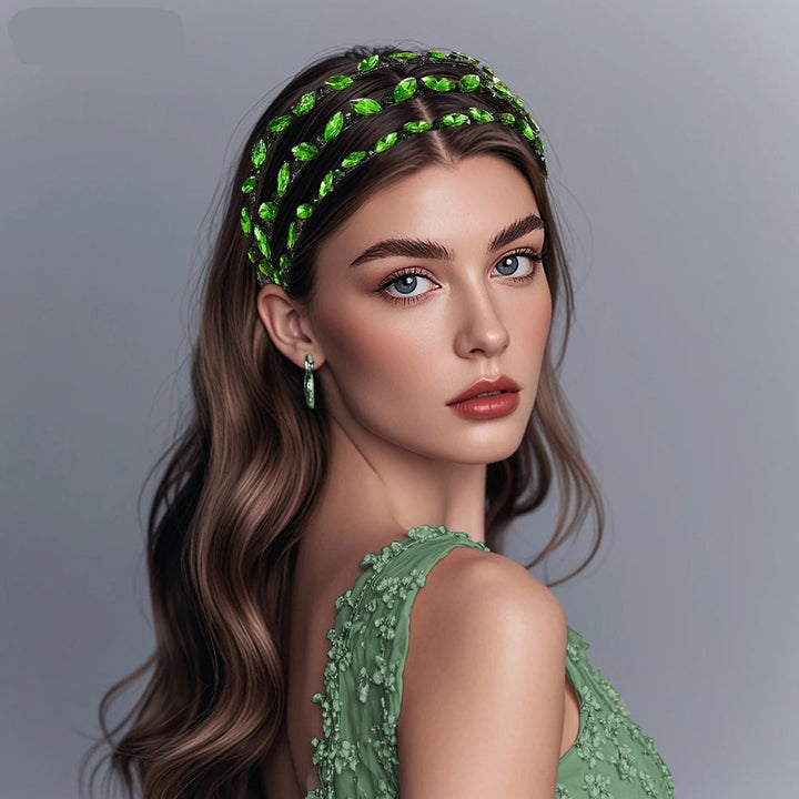 Serre-tête fin avec strass verts élégant pour femme chic