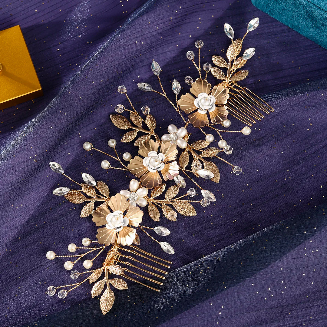 Peigne à cheveux de mariage à fleurs dorées