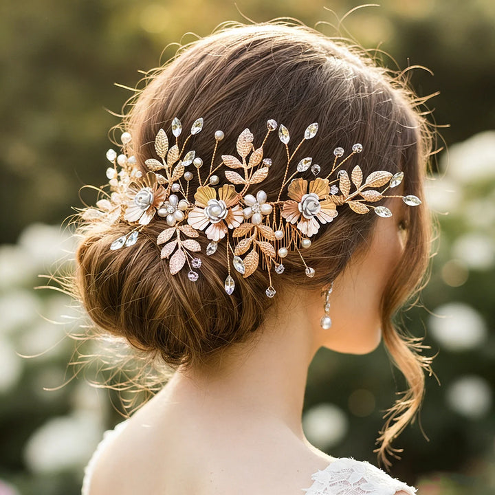 Peigne à cheveux de mariage à fleurs dorées