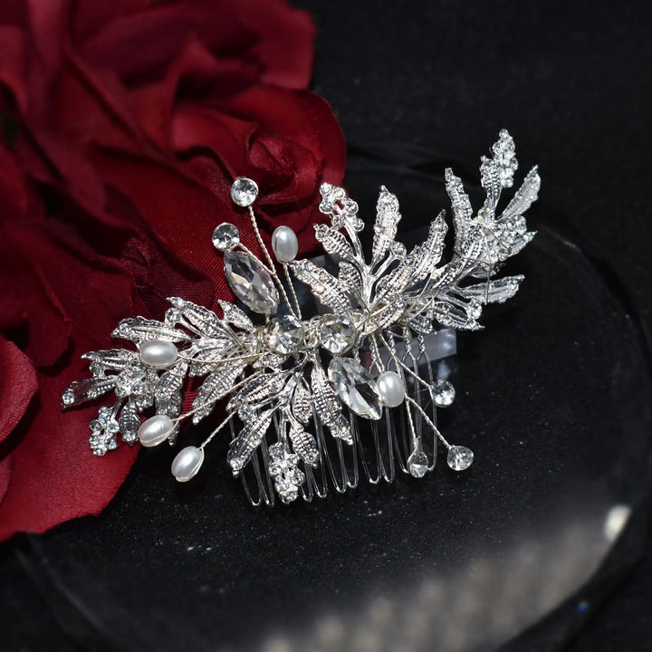 Peigne à cheveux de mariage avec feuilles et perles - argenté