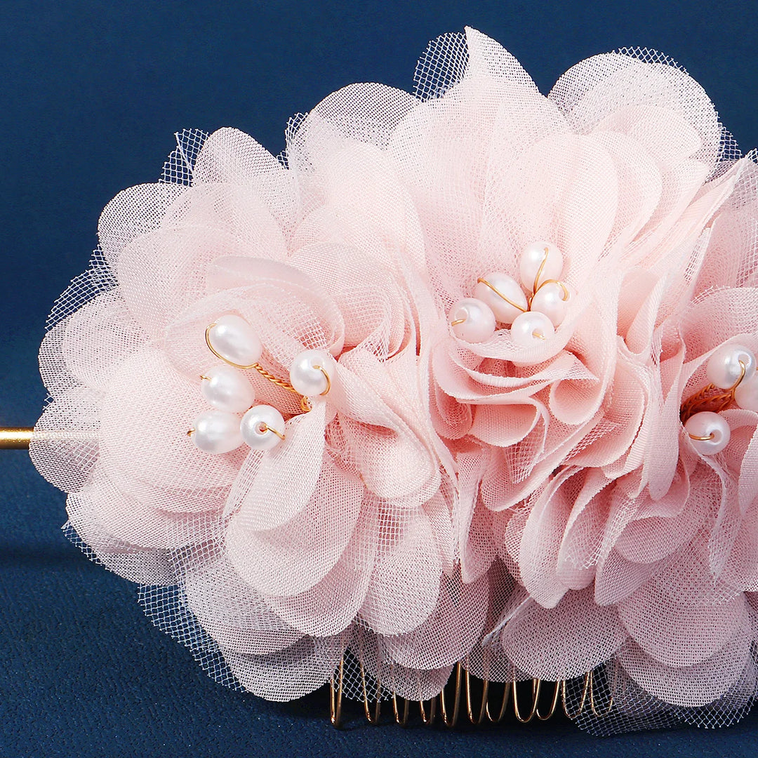 Peigne à Cheveux Fleurs en Tulle, Rose