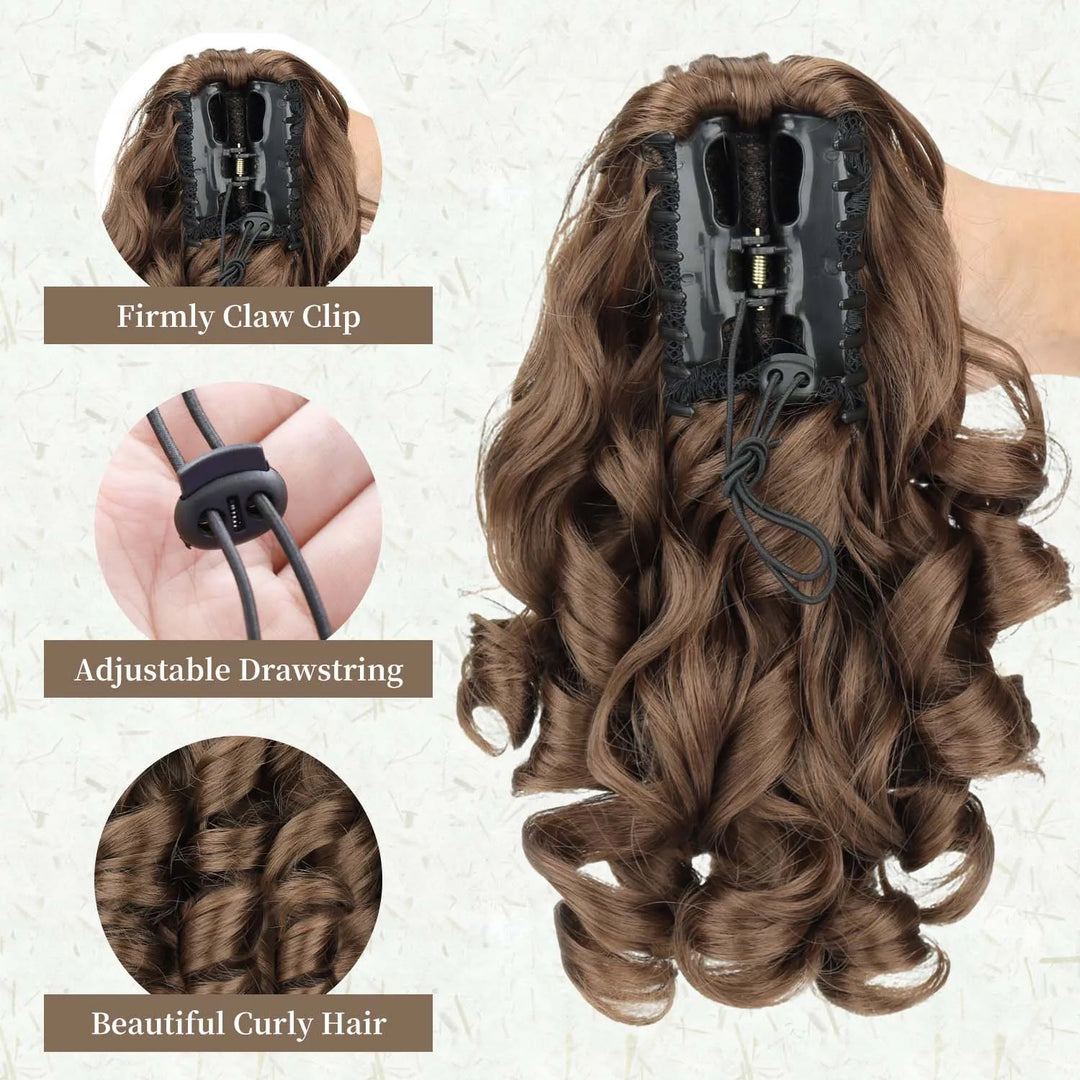 Extension de queue de cheval bouclée avec pince crabe, 35 cm