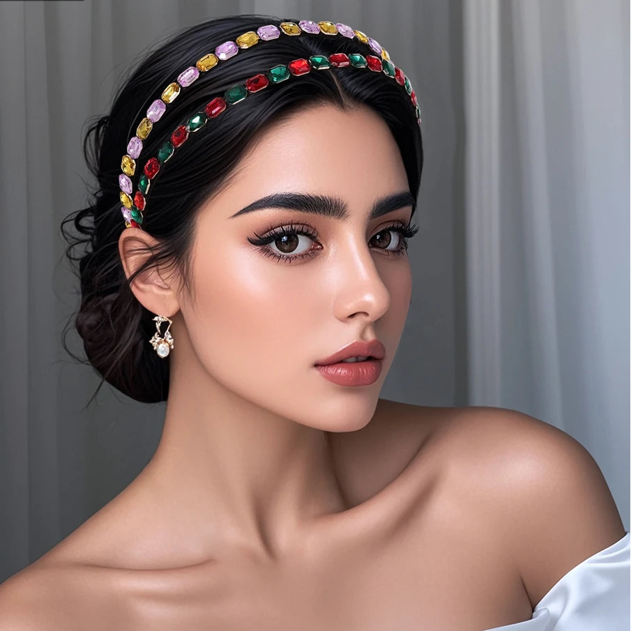 Serre-tête fin avec strass multicolores élégant pour femme chic