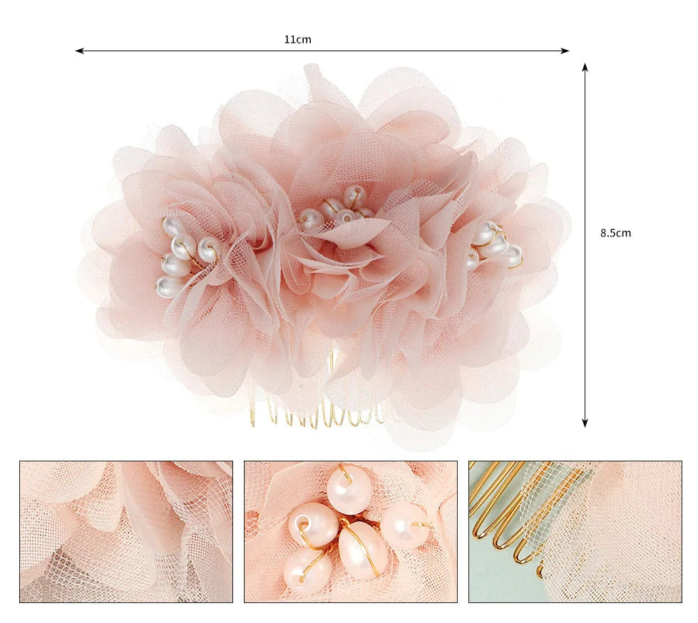 Peigne à Cheveux Fleurs en Tulle, Rose