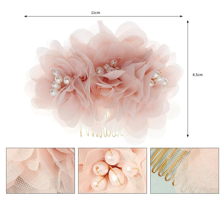 Peigne à Cheveux Fleurs en Tulle, Rose