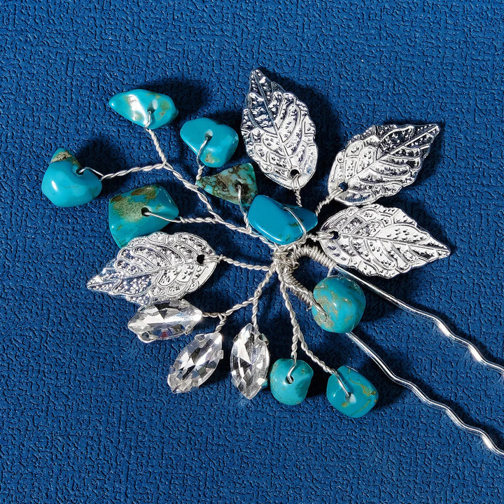 Épingle à cheveux argentée à pierres turquoise 