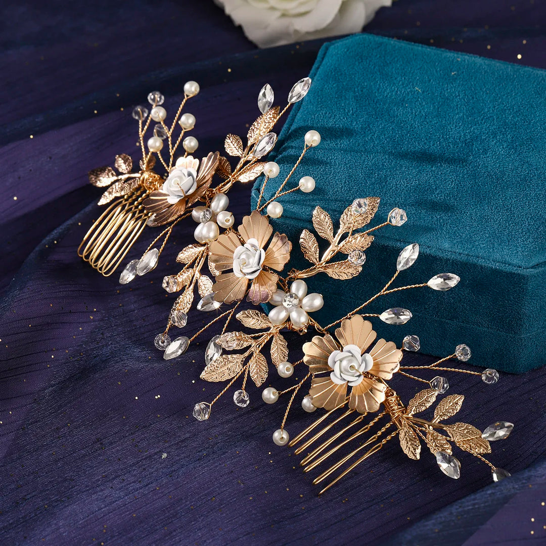 Peigne à cheveux de mariage à fleurs dorées