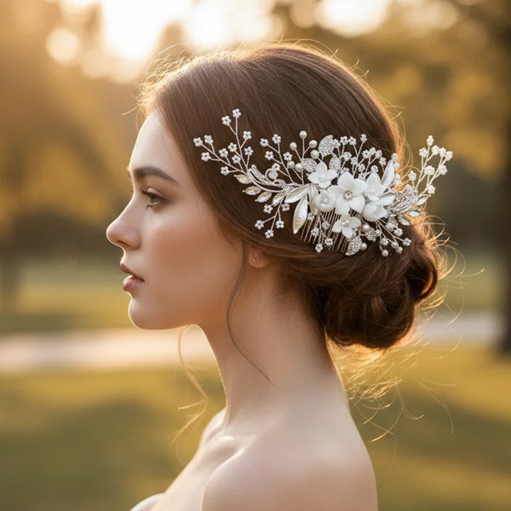 Peigne à cheveux de mariage avec fleurs et perles