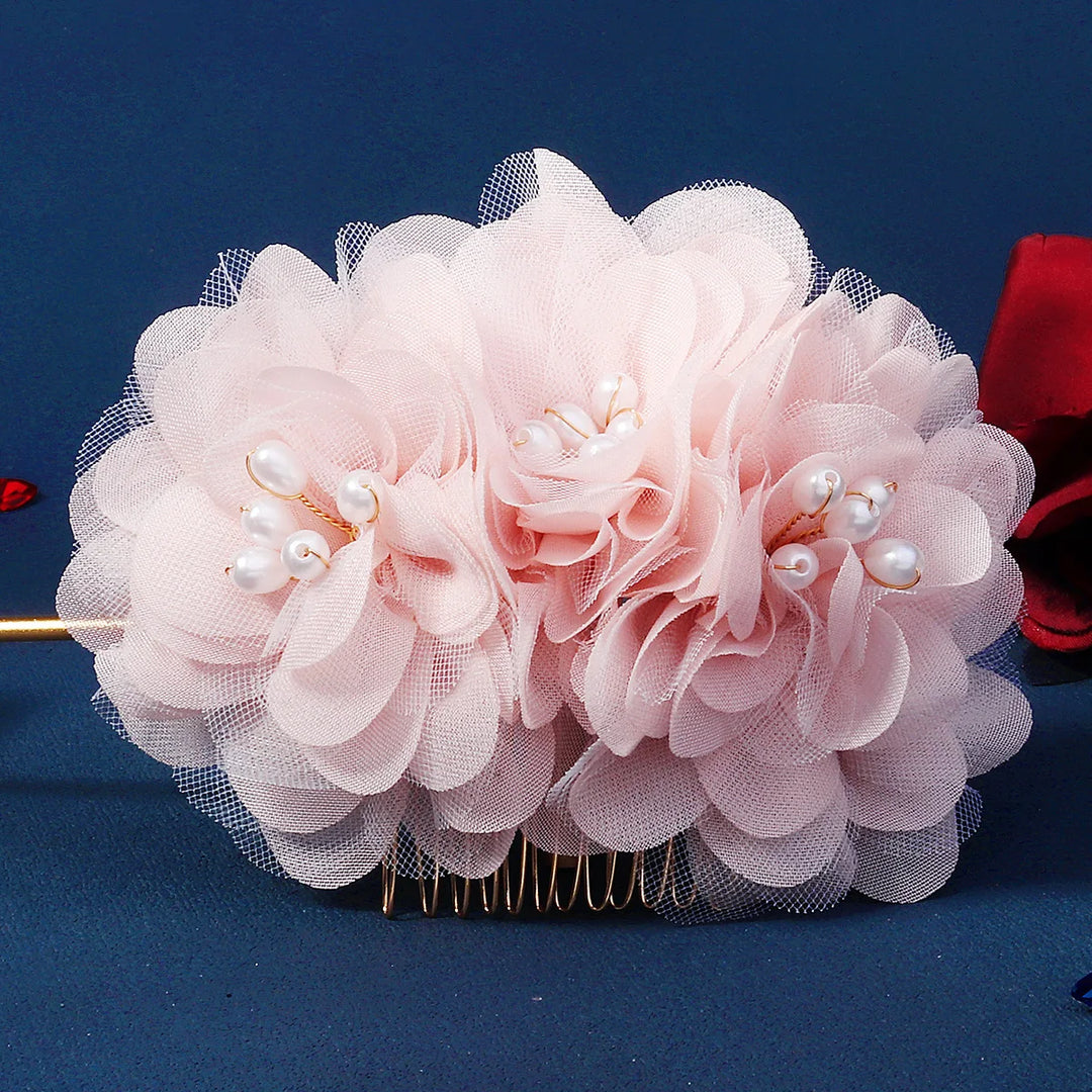 Peigne à Cheveux Fleurs en Tulle, Rose