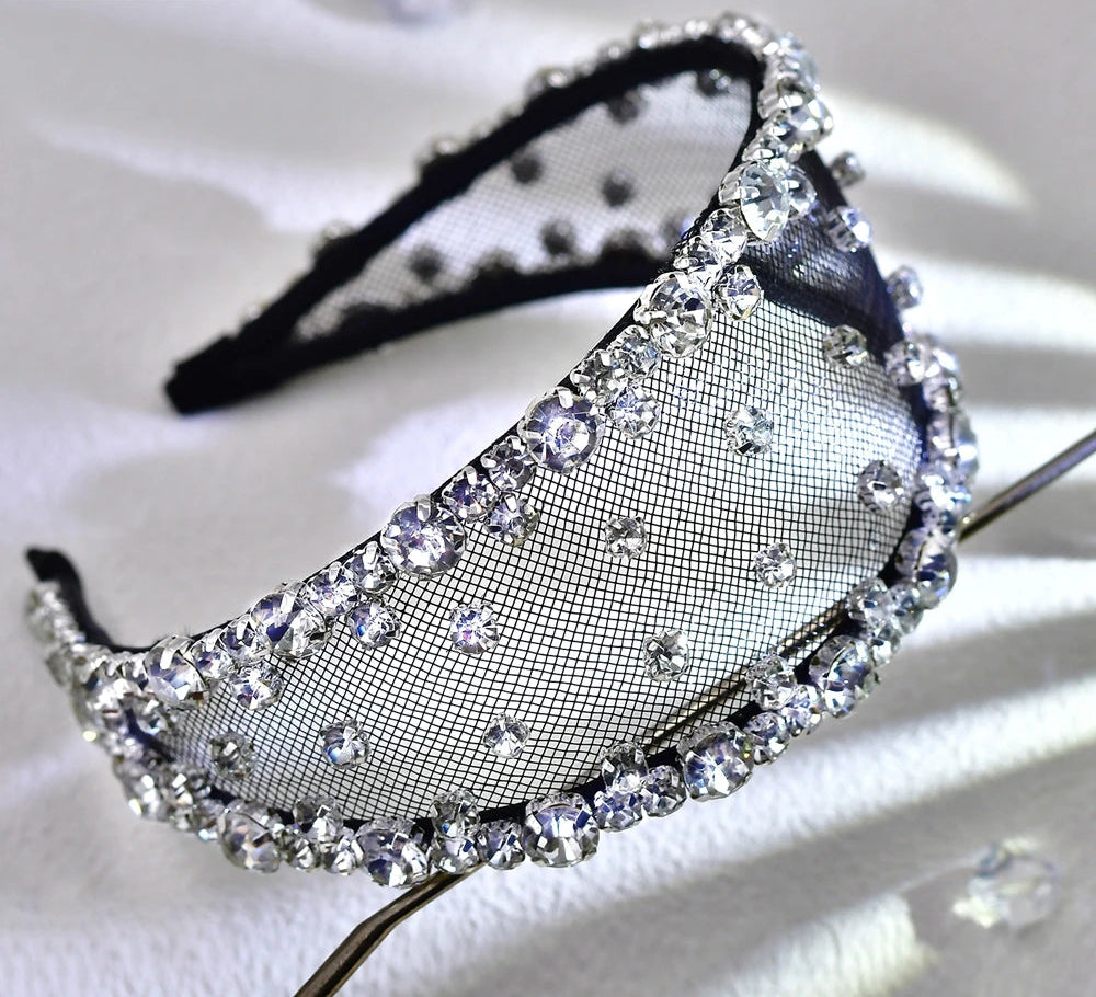 Serre-tête large avec strass et voile élégant pour femme