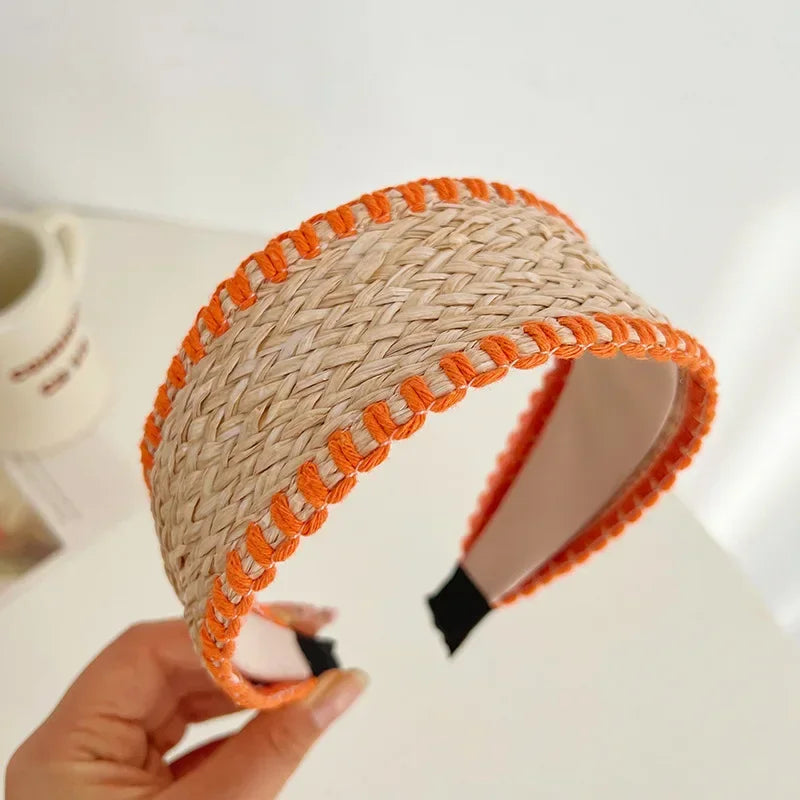 Serre-tête large en paille tressée orange pour femme – style bohème chic été