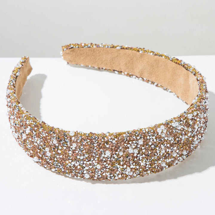 Serre-tête doré avec perles blanches élégant pour femme chic