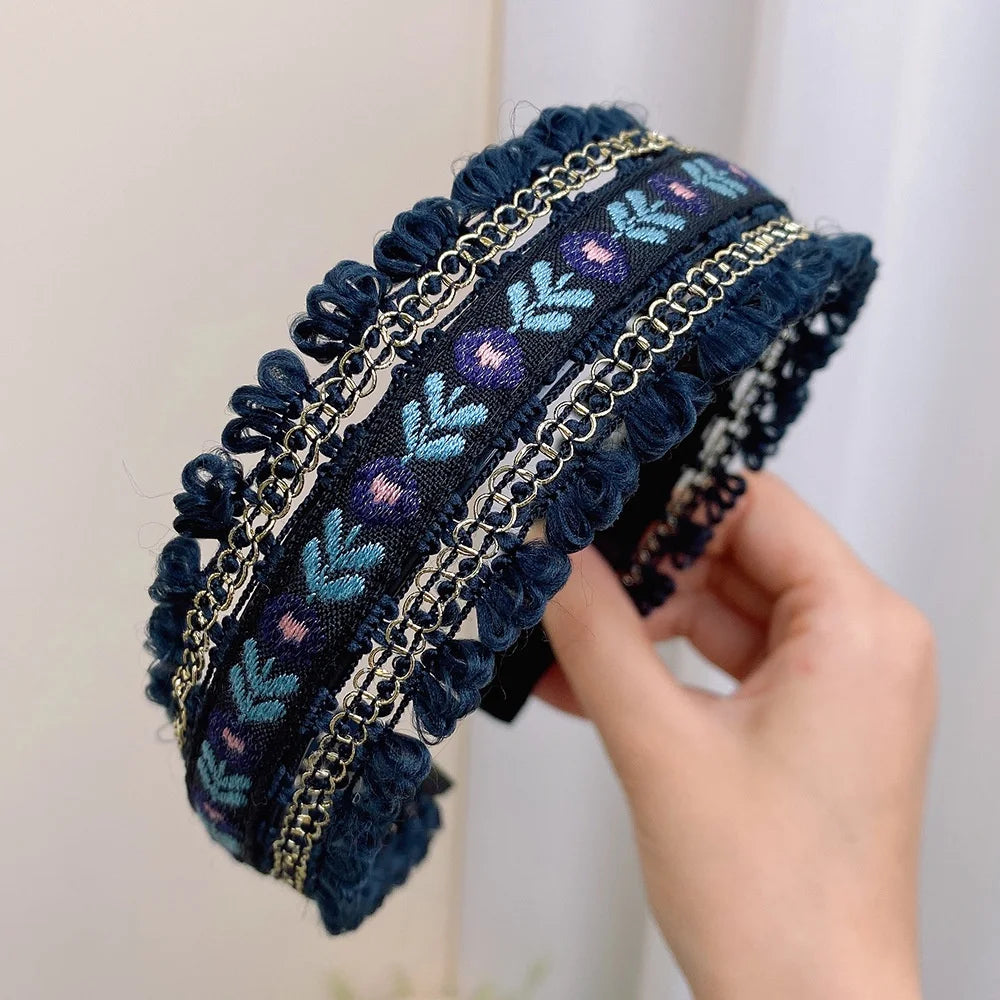 Serre-tête bleu marine brodé bohème vintage – motif ethnique avec finitions décoratives