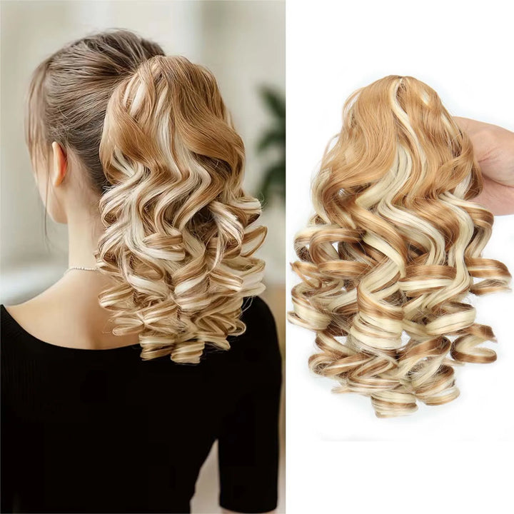 Extension de queue de cheval bouclée avec pince crabe, 35 cm blond méché