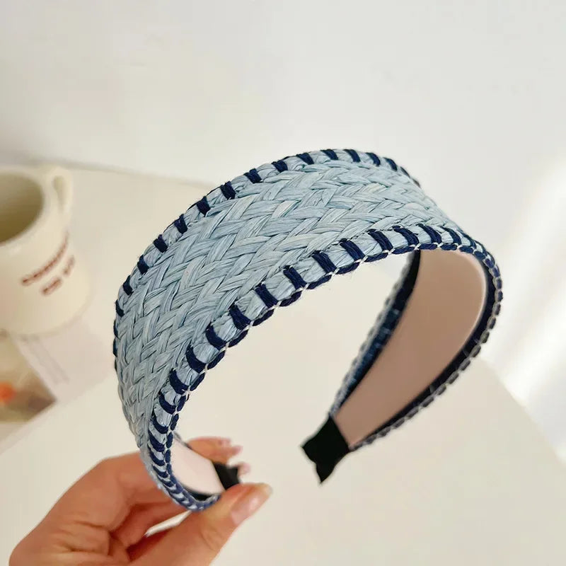 Serre-tête large en paille tressée bleu pour femme – style bohème chic été
