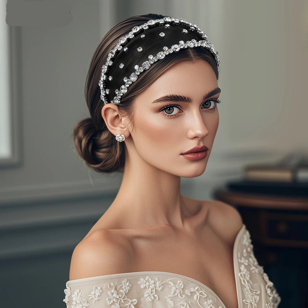 Serre-tête large avec strass et voile élégant pour femme