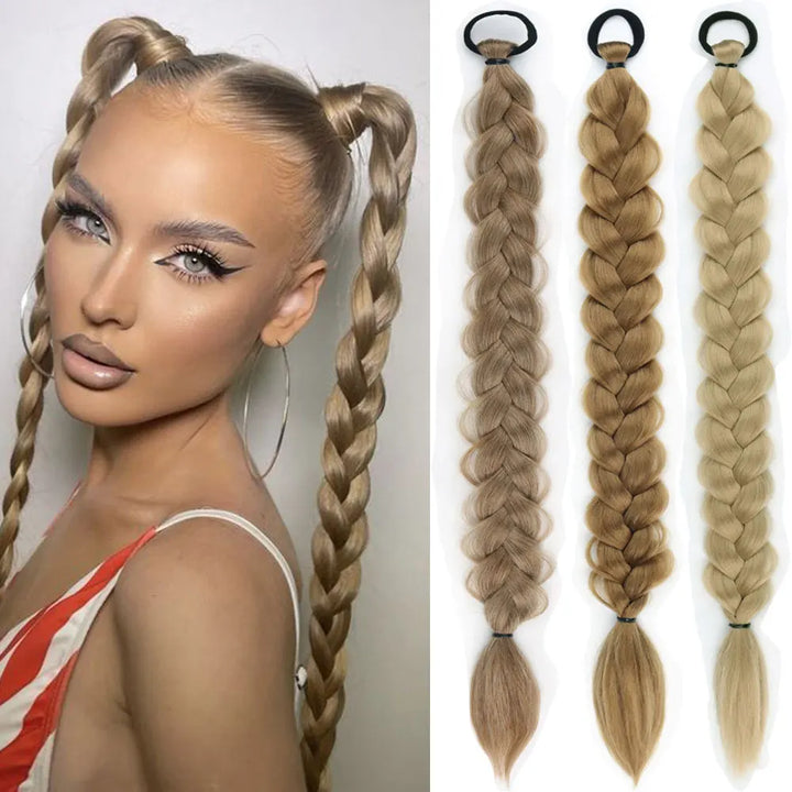 Extension Queue de Cheval Tressée avec Élastique – 60 cm, Postiche Tresse Longue