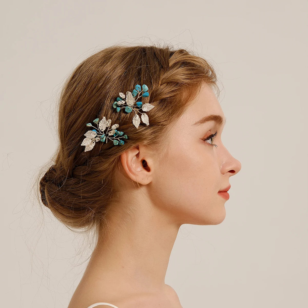 Épingle à cheveux argentée à pierres turquoise 