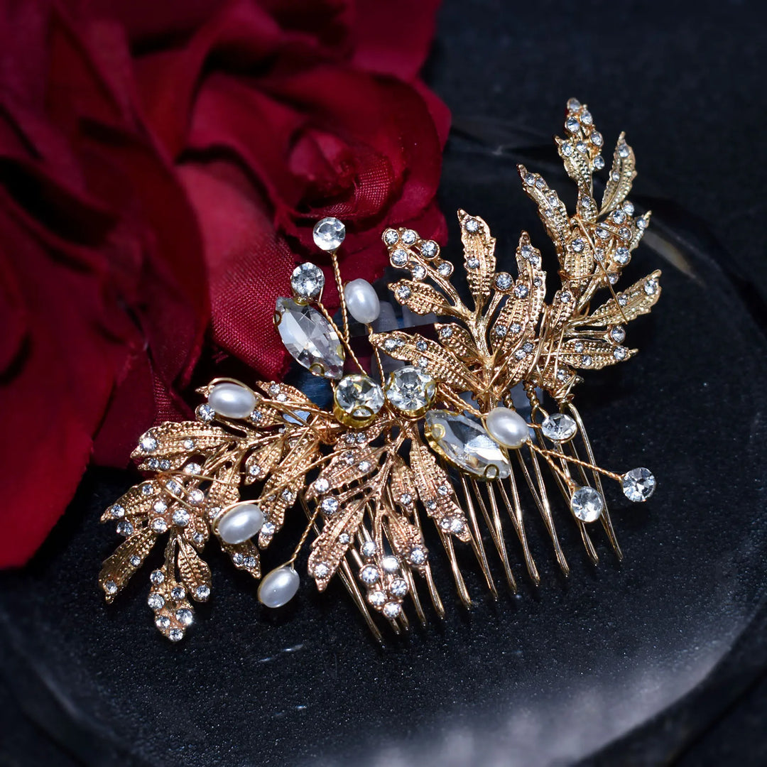 Peigne à cheveux de mariage avec feuilles et perles - doré