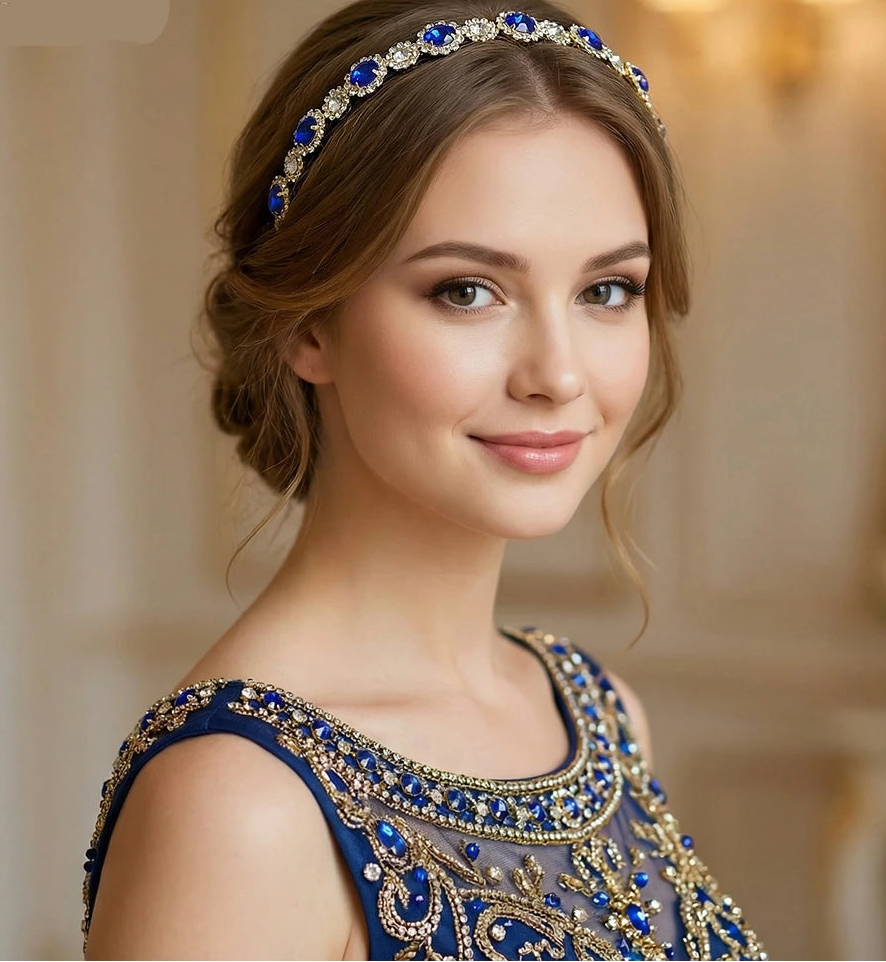 Serre-tête fin avec strass bleus élégant pour femme chic