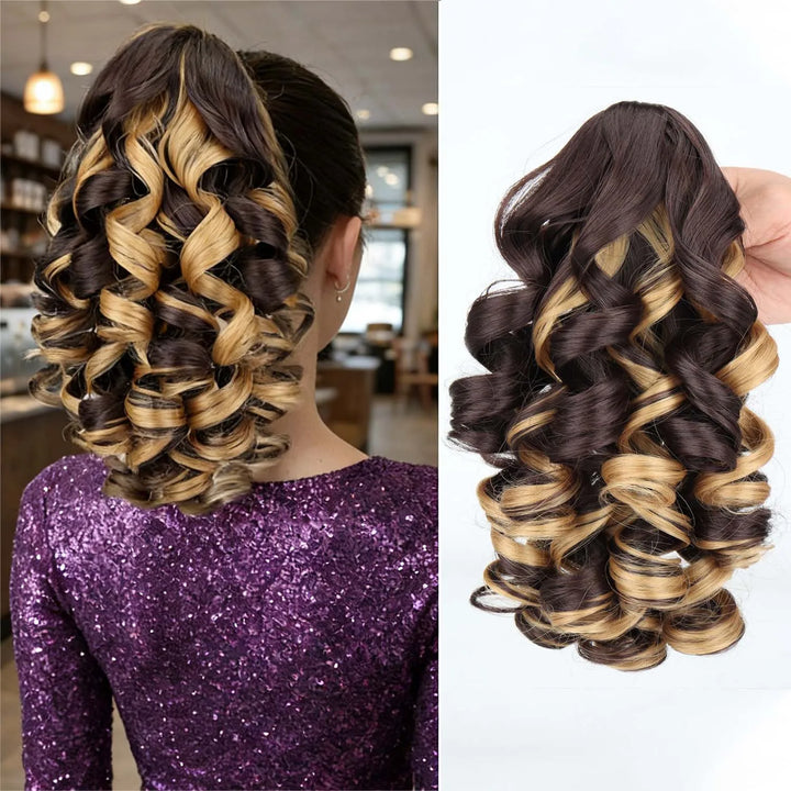 Extension de queue de cheval bouclée avec pince crabe, 35 cm