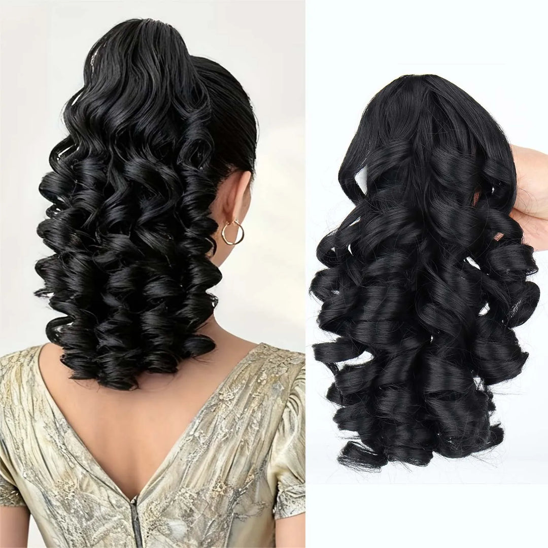 Extension de queue de cheval bouclée avec pince crabe, 35 cm noir