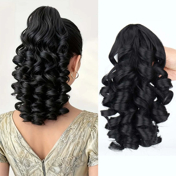 Extension de queue de cheval bouclée avec pince crabe, 35 cm noir