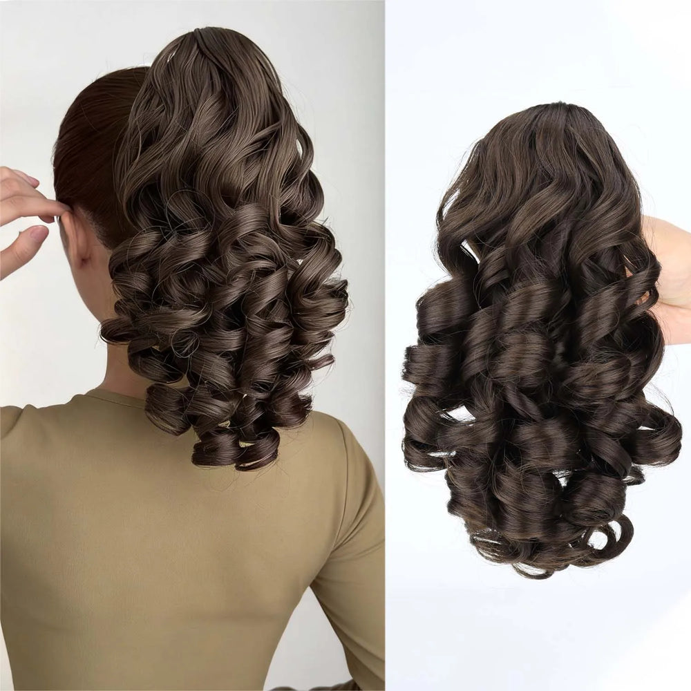 Extension de queue de cheval bouclée avec pince crabe, 35 cm Brun