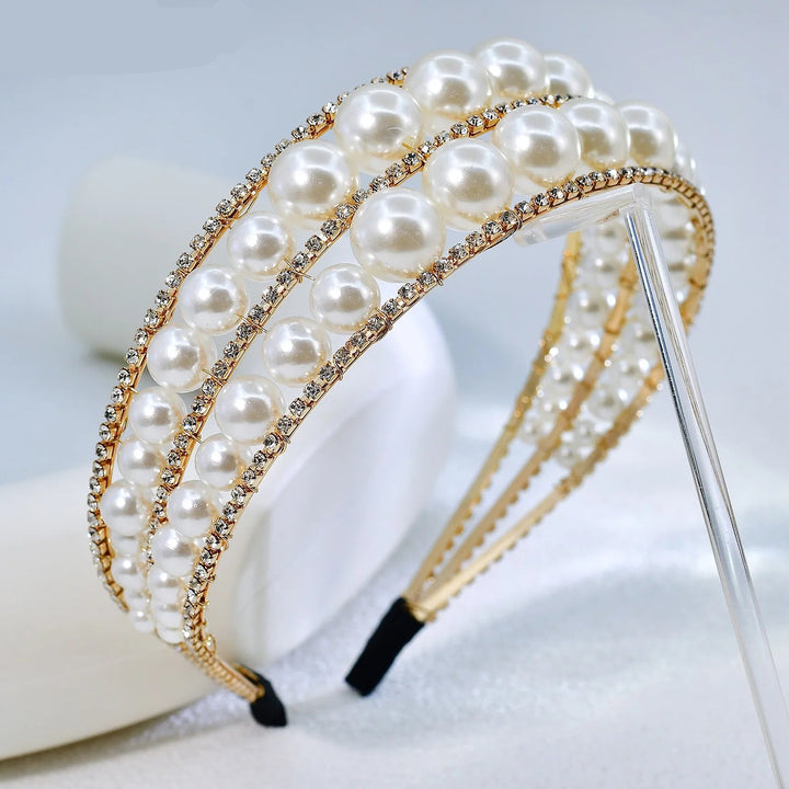Serre-tête de mariage doré avec perles et strass élégant pour femme 