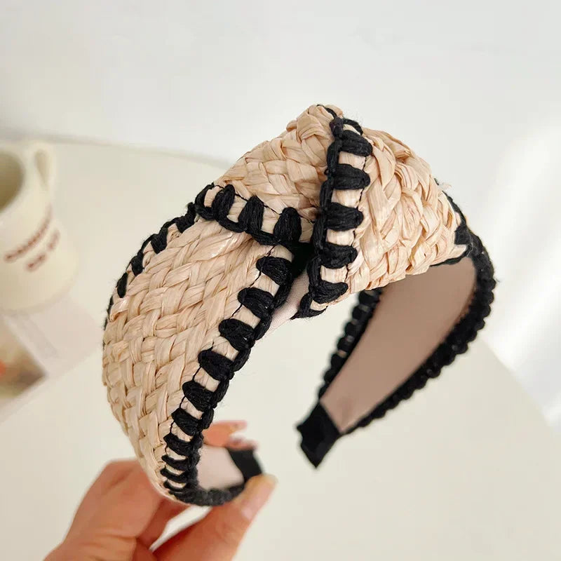Serre-tête bohème en paille tressée noir pour femme – style naturel chic été