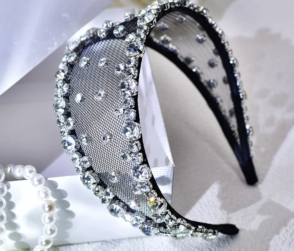 Serre-tête large avec strass et voile élégant pour femme