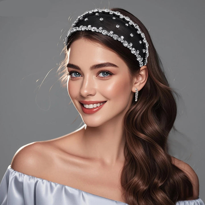 Serre-tête large avec strass et voile élégant pour femme