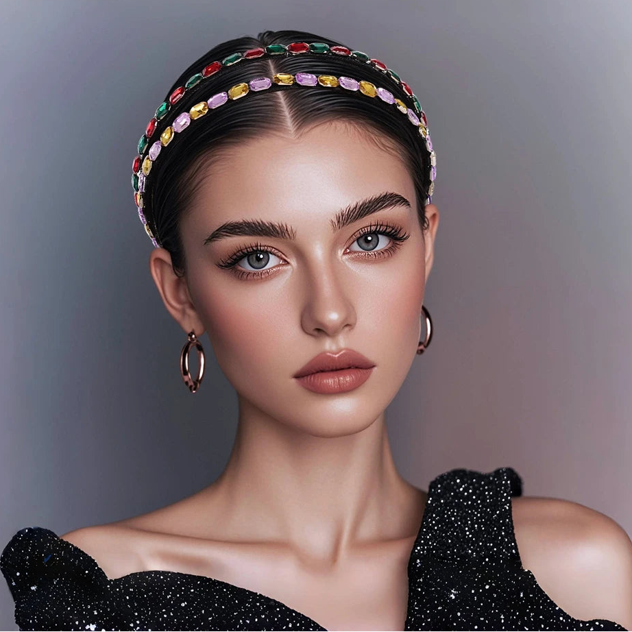 Serre-tête fin avec strass multicolores élégant pour femme chic