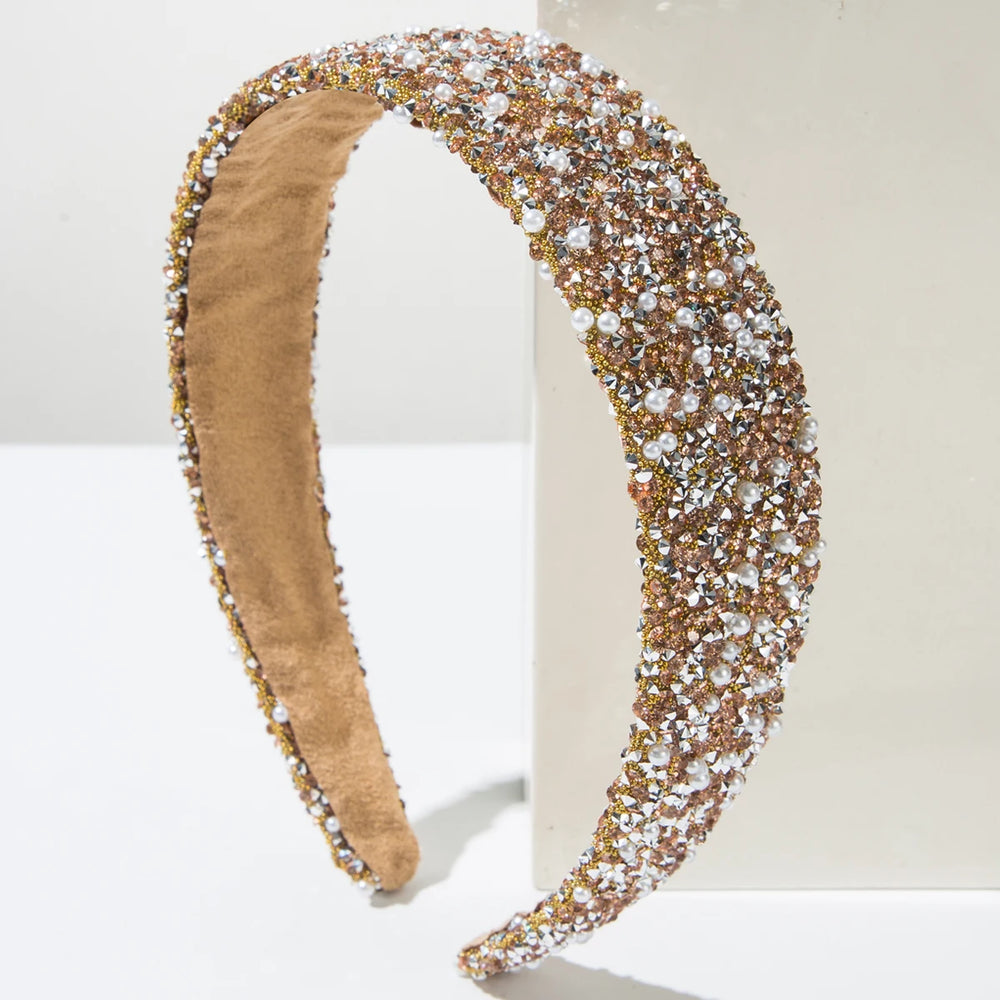 Serre-tête doré avec perles blanches élégant pour femme chic