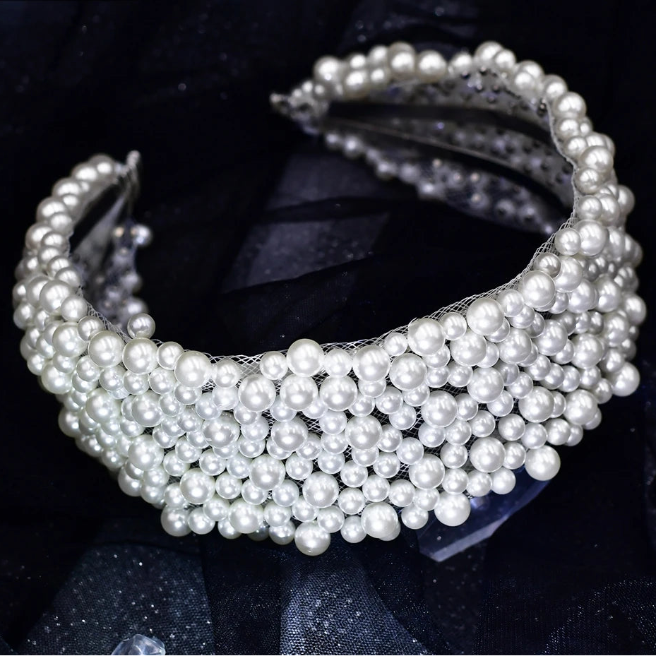 Serre-tête large avec perles blanches élégant pour femme chic