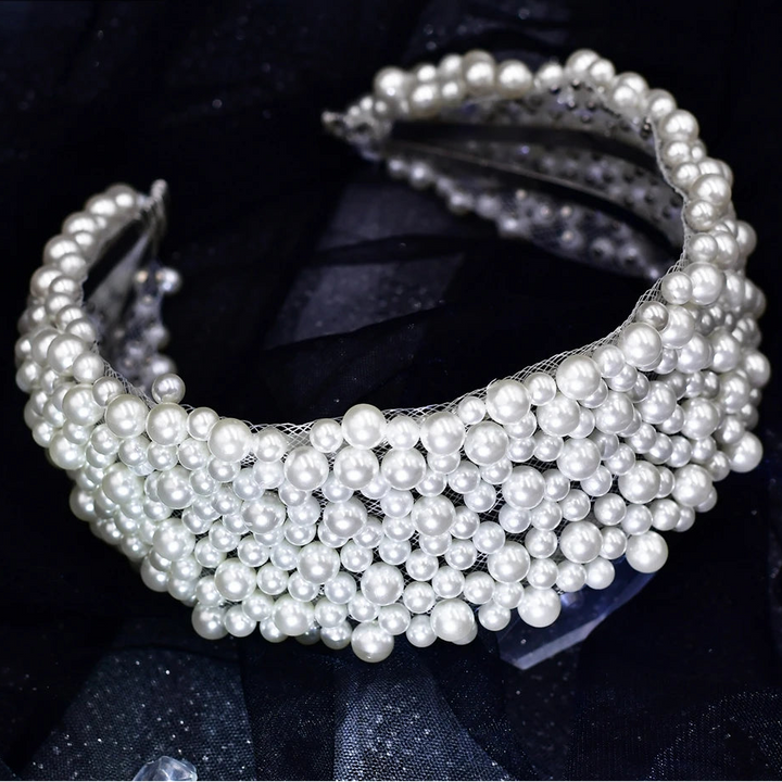 Serre-tête large avec perles blanches élégant pour femme chic
