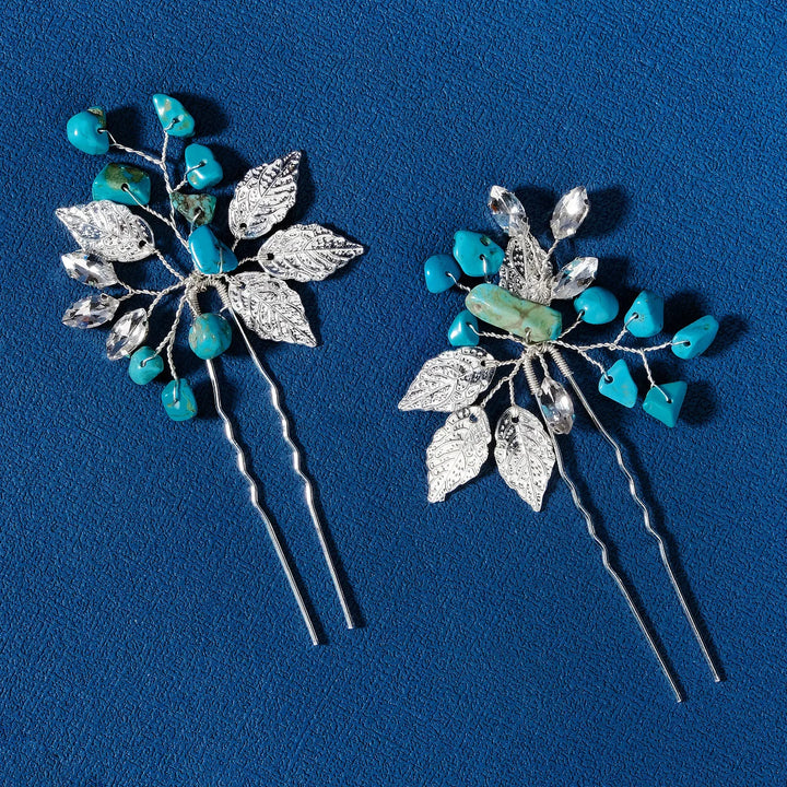 Épingle à cheveux argentée à pierres turquoise - Lot de 2