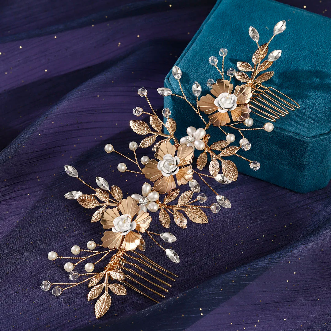 Peigne à cheveux de mariage à fleurs dorées