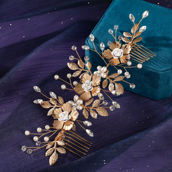 Peigne à cheveux de mariage à fleurs dorées