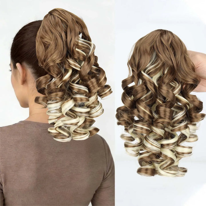 Extension de queue de cheval bouclée avec pince crabe, 35 cm